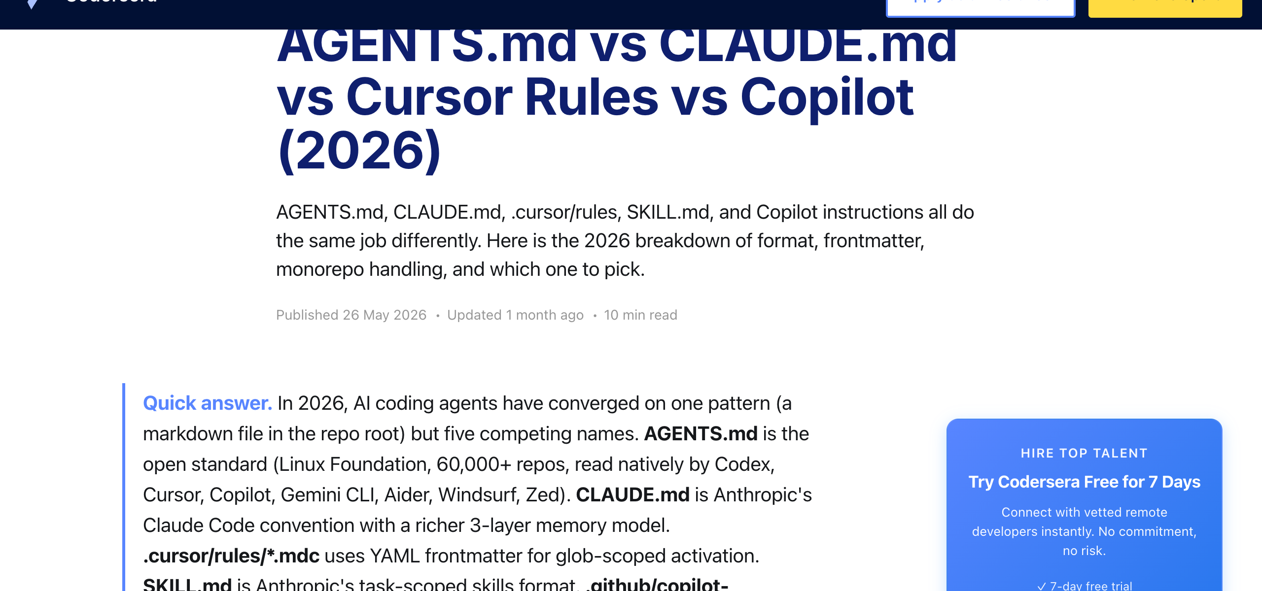 AGENTS.md vs CLAUDE.md vs Cursor Rules vs Copilot — 2026 format comparison showing adoption and features