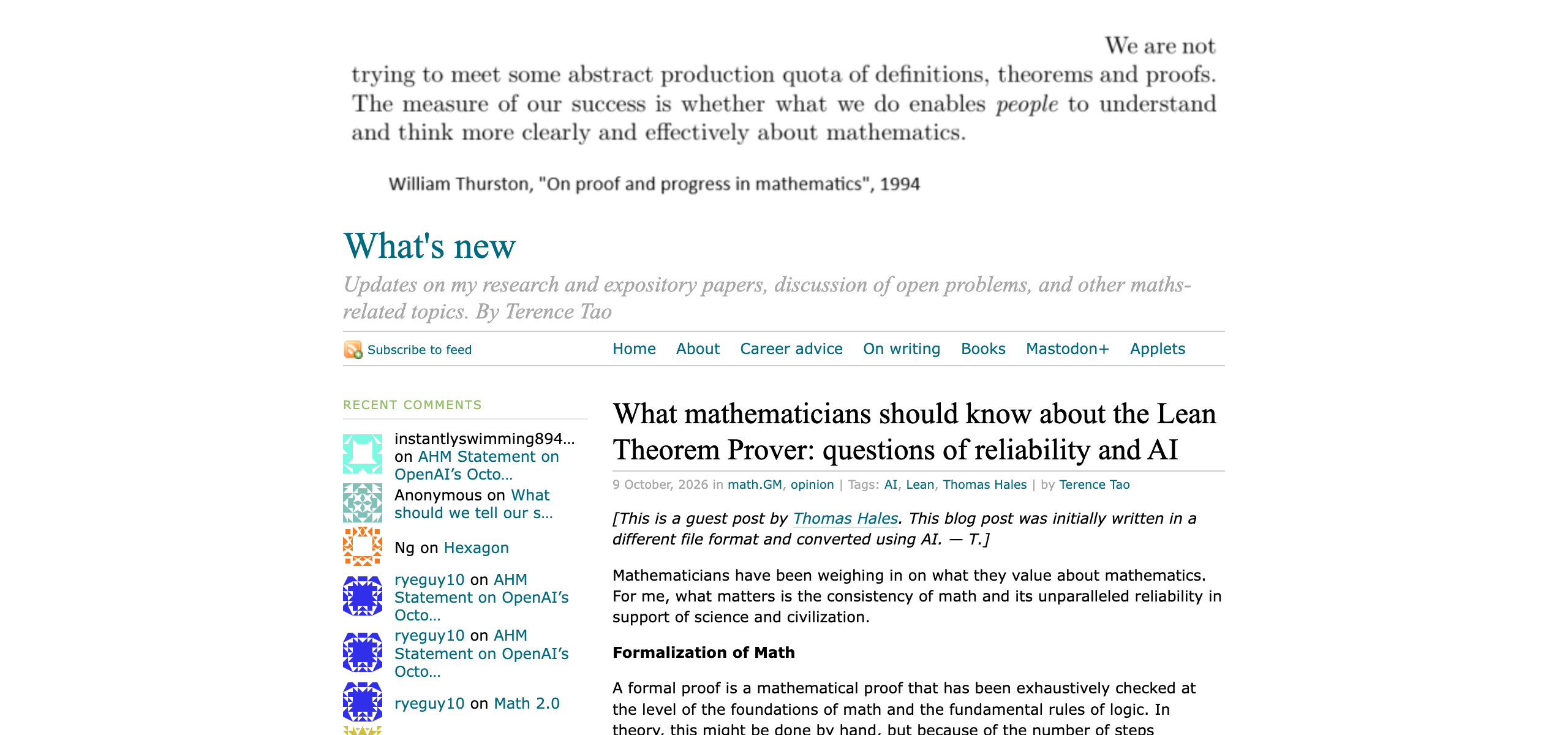 Terence Tao blog post — What mathematicians should know about the Lean Theorem Prover: questions of reliability and AI