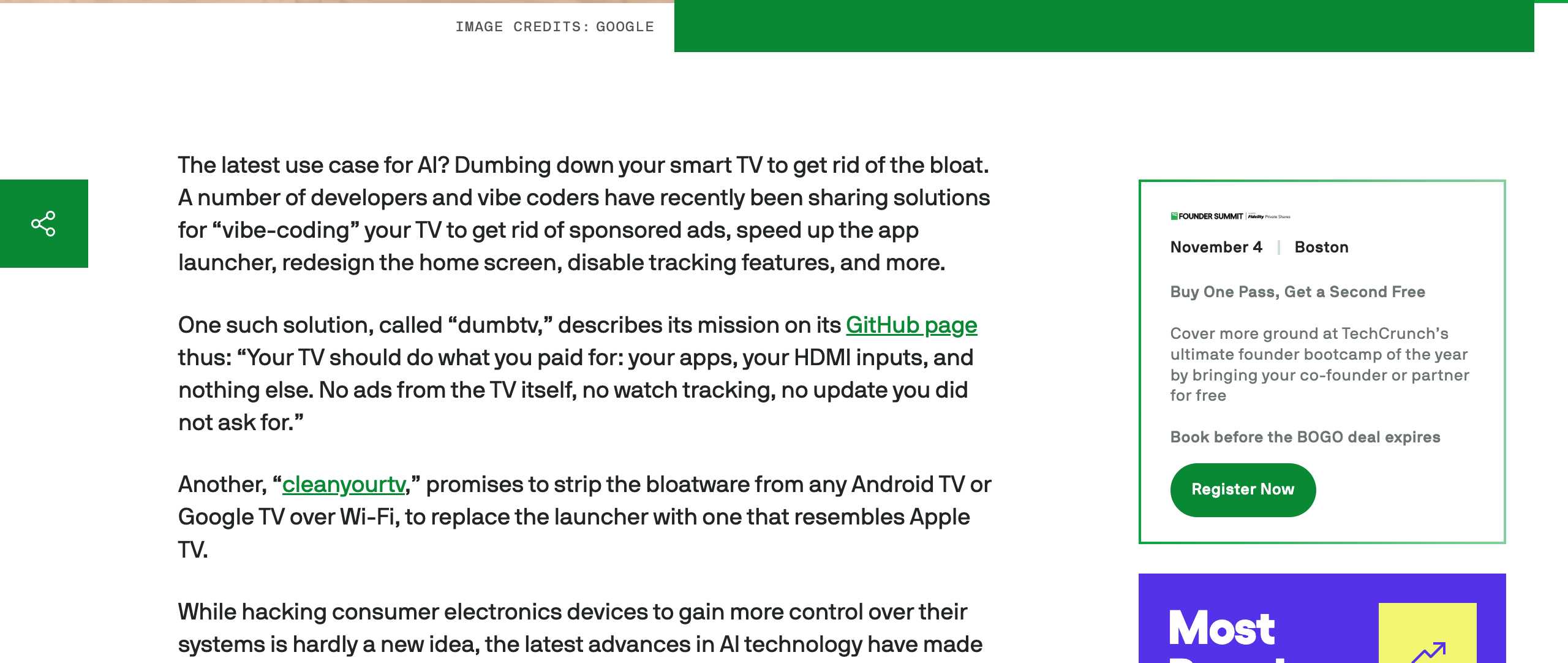 TechCrunch: People are using AI to make their smart TVs dumb again — covering the CleanYourTV and dumbtv open source projects