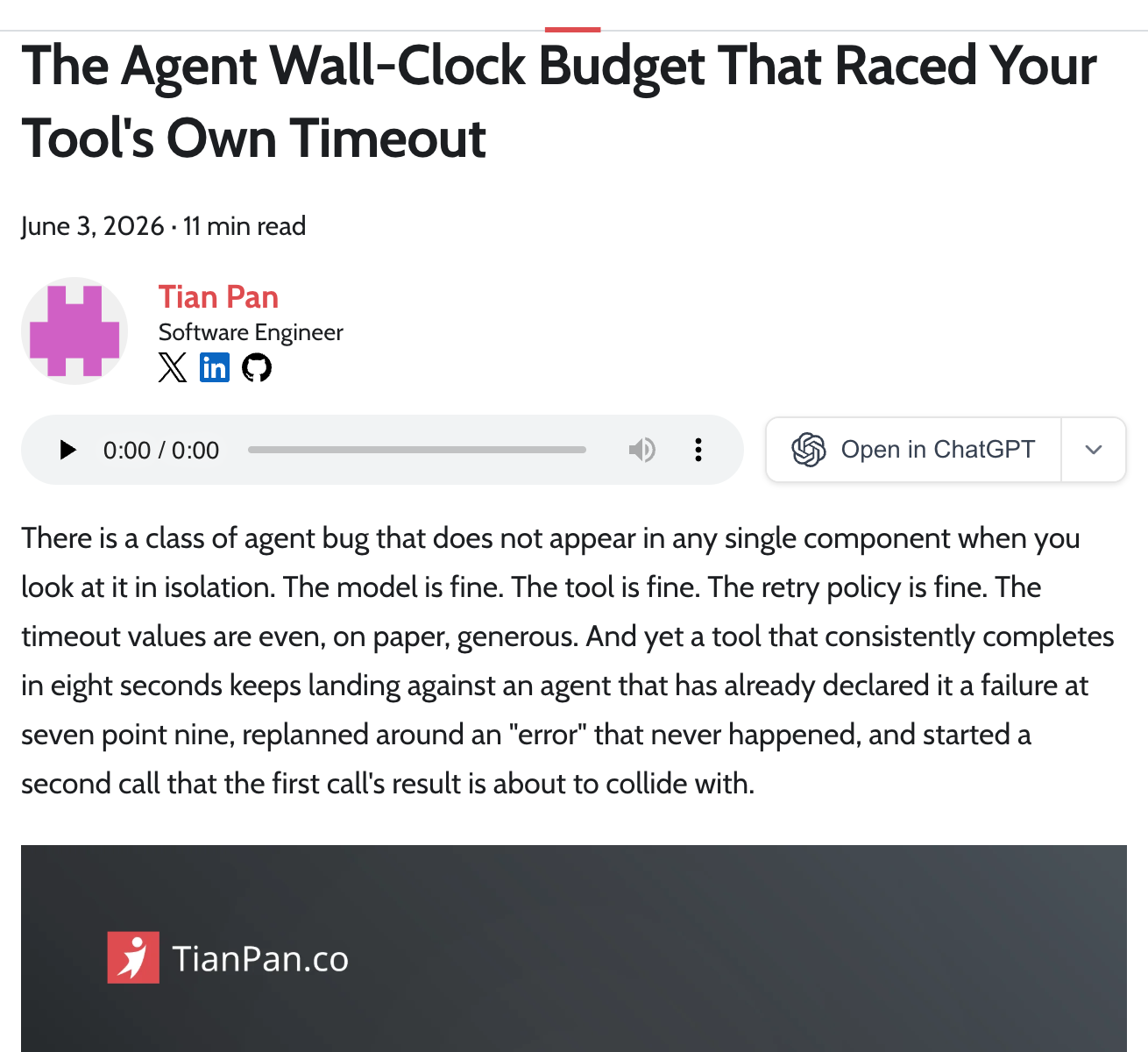 TianPan.co — The Agent Wall-Clock Budget That Raced Your Tool's Own Timeout — four unsynchronized clocks in agent systems