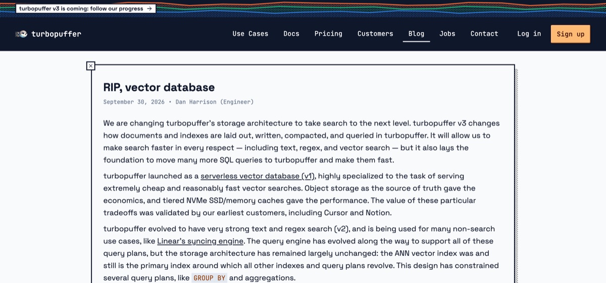 turbopuffer blog post titled RIP vector database by Dan Harrison — announcing ANN as secondary index architecture
