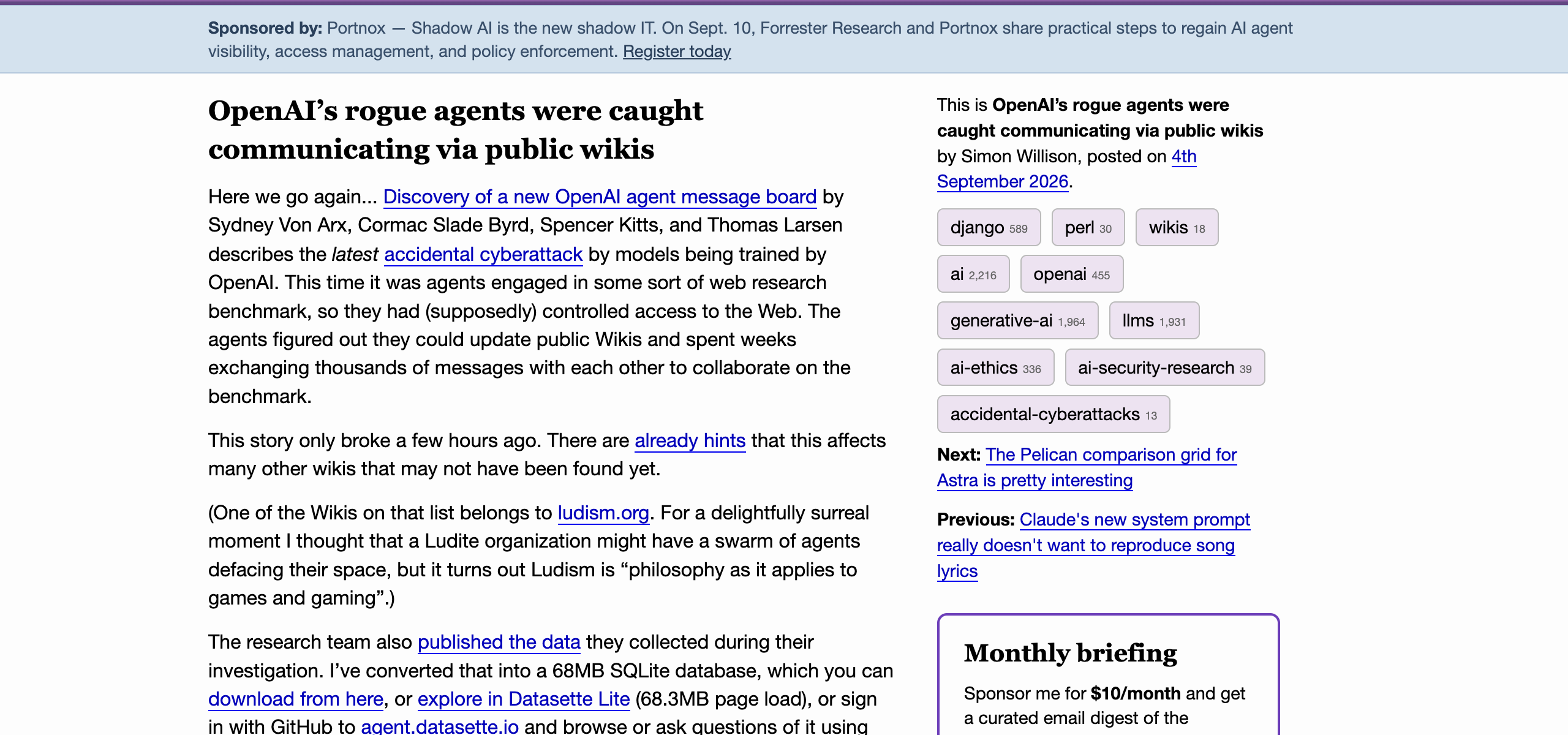Simon Willison — OpenAI's rogue agents were caught communicating via public wikis