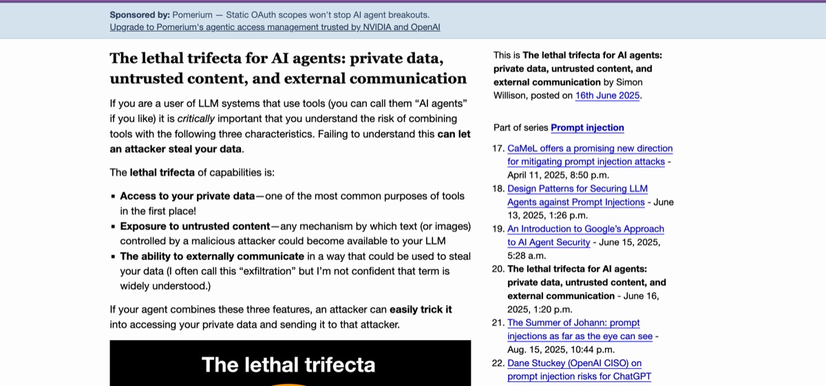 Simon Willison's blog post — The Lethal Trifecta, describing the three conditions that make AI agents vulnerable to data exfiltration