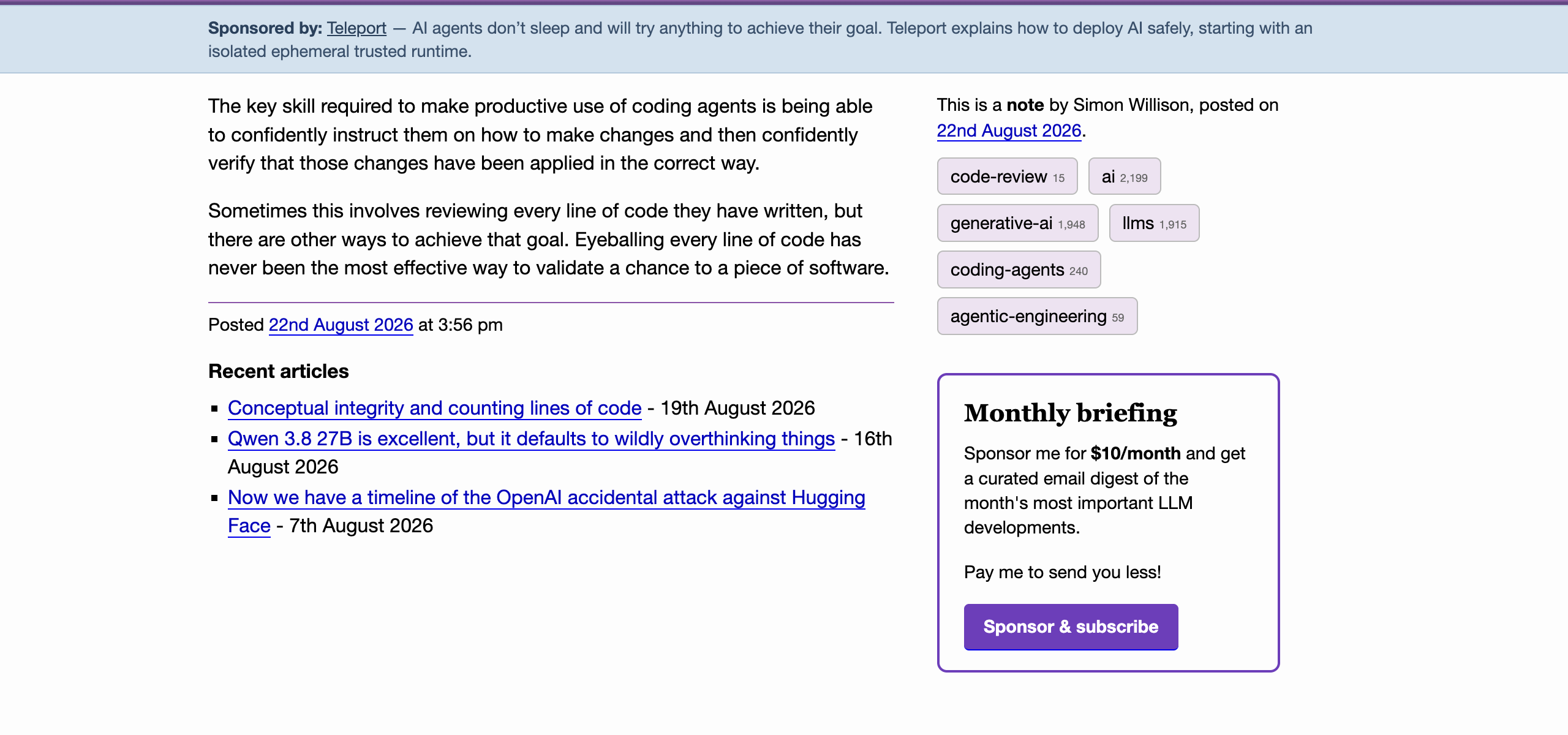 Simon Willison's blog post — More than just code review, August 22, 2026
