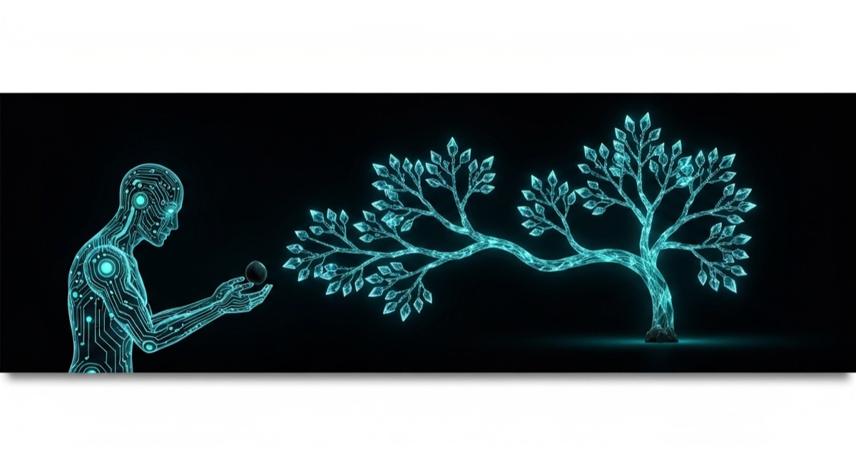 AI agent growing a glowing neural skill tree from a small seed