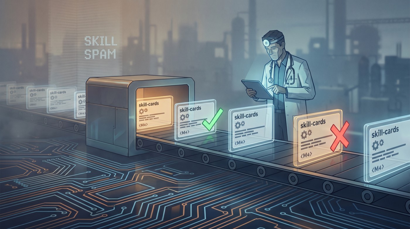 An industrial assembly line of skill cards being inspected by a doctor figure with a stethoscope while a stack of identical-looking 'Skill Spam' cards trails into the background, May 2026 editorial illustration
