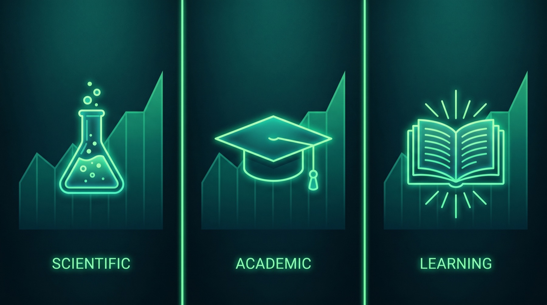 Editorial hero illustration in deep teal and emerald: three vertical glowing skill bundles — scientific beaker, academic graduation cap, and learning open book — stacked side by side above a stylized GitHub trending chart silhouette
