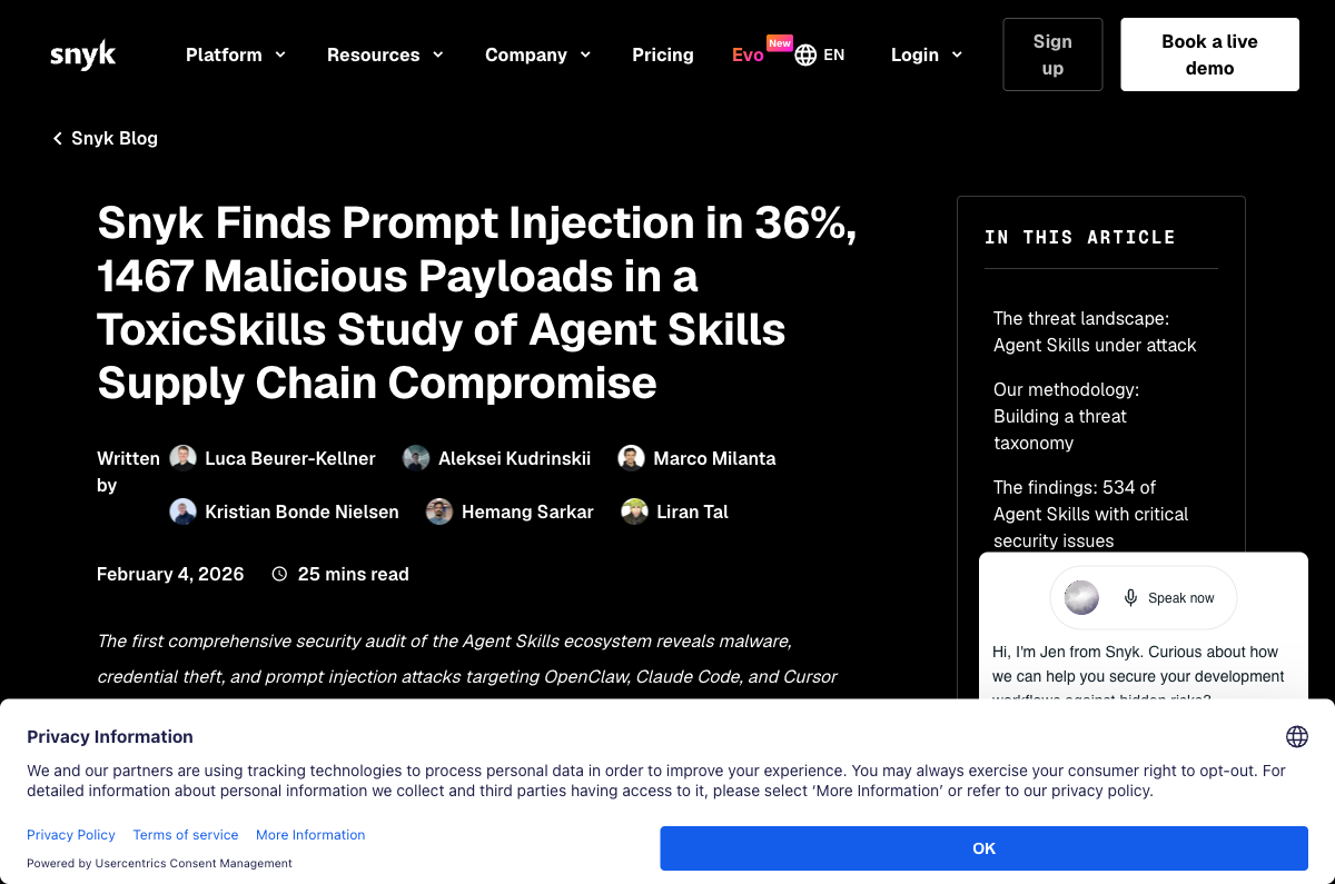 Snyk ToxicSkills research: 36% of agent skills contain security flaws, 1,467 malicious payloads found
