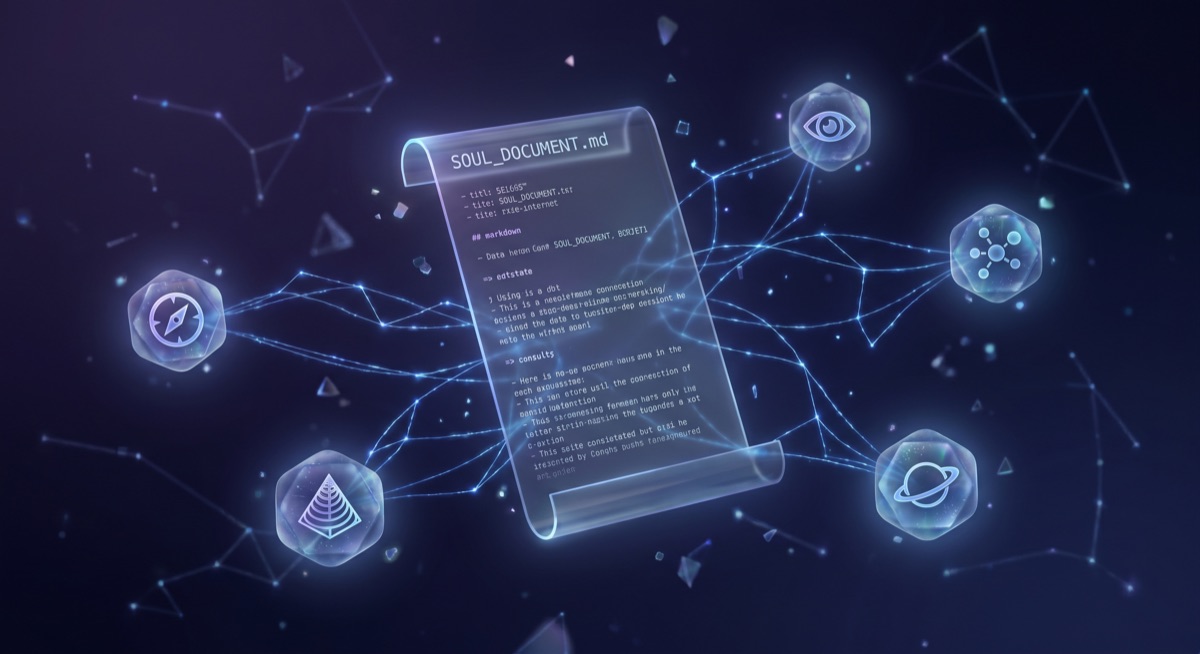 SOUL.md — glowing soul document in digital space with agent constellation nodes connected by luminous threads