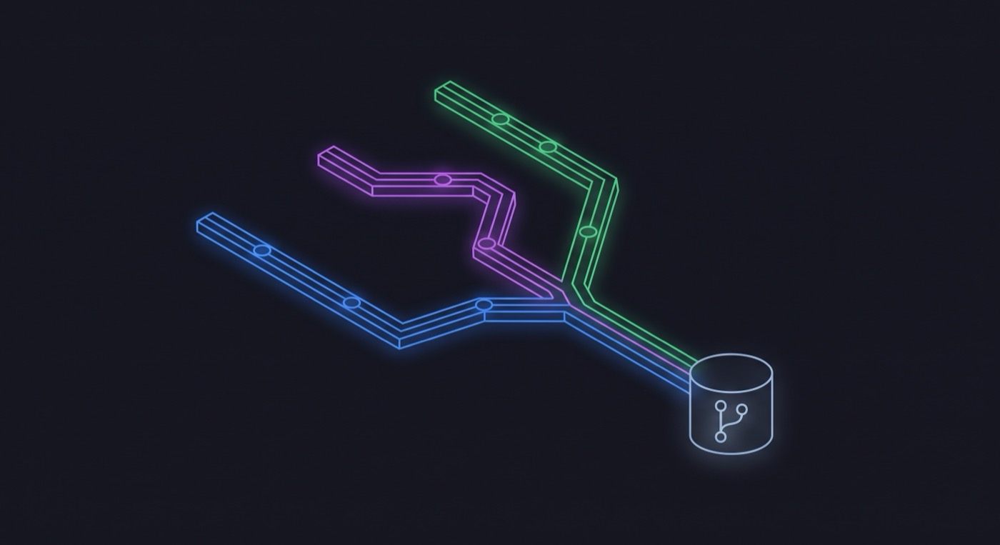 Three branching agent paths converging into a single repository trunk with checkpoint nodes — visualizing multi-agent source control