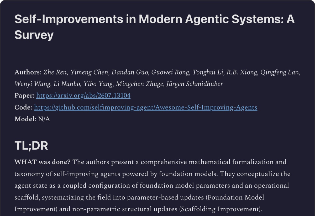 ArXivIQ Substack analysis of the Schmidhuber survey on self-improving agentic systems