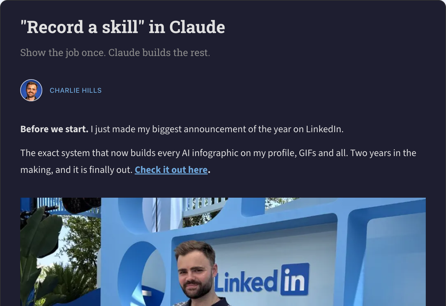 Charlie Hills on Substack MarTech AI — Record a skill in Claude: Show it and you get your process, type it and you get Claude's best guess.