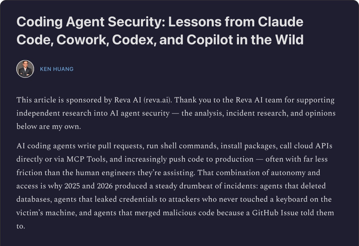 Substack — Coding Agent Security: Lessons from Claude Code, Cowork, Codex, and Copilot in the Wild