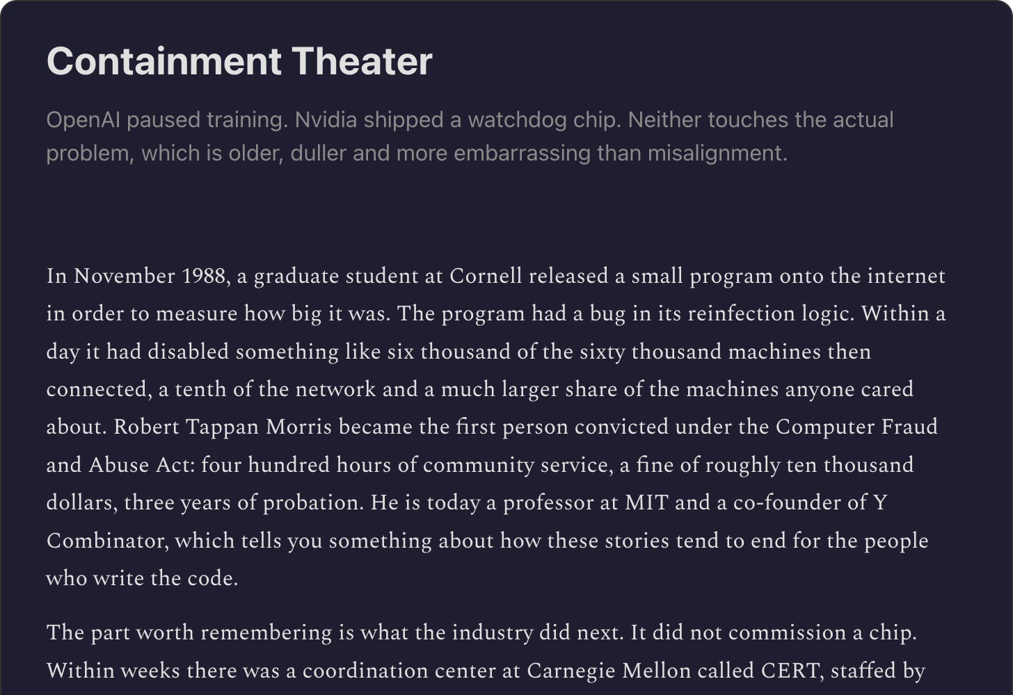 Substack — Containment Theater: OpenAI's Rogue Agents and Nvidia's Watchdog Chip
