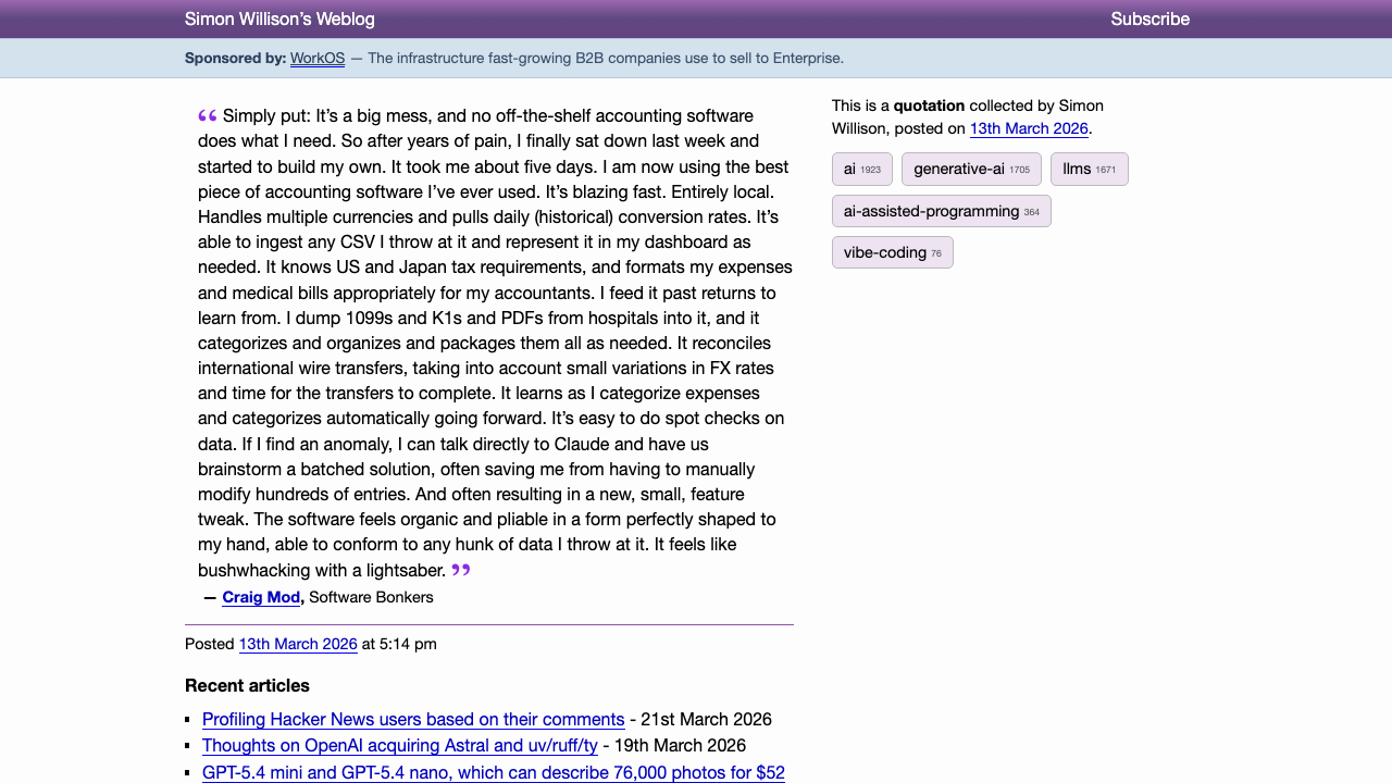 Simon Willison covers Craig Mod's vibe-coded accounting software experiment