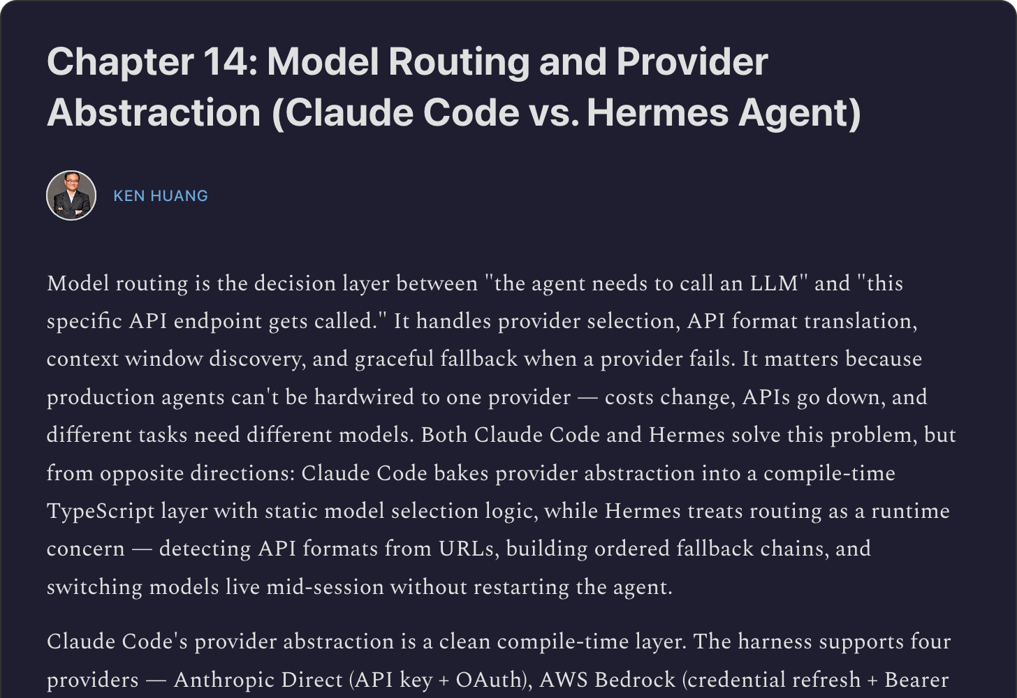 Ken Huang on Substack — Chapter 14: Model Routing and Provider Abstraction (Claude Code vs. Hermes Agent)