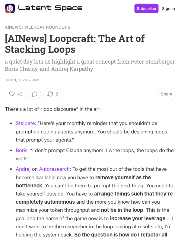 Latent Space newsletter — Loopcraft: The Art of Stacking Loops, featuring Steipete, Boris Cherny, and Karpathy