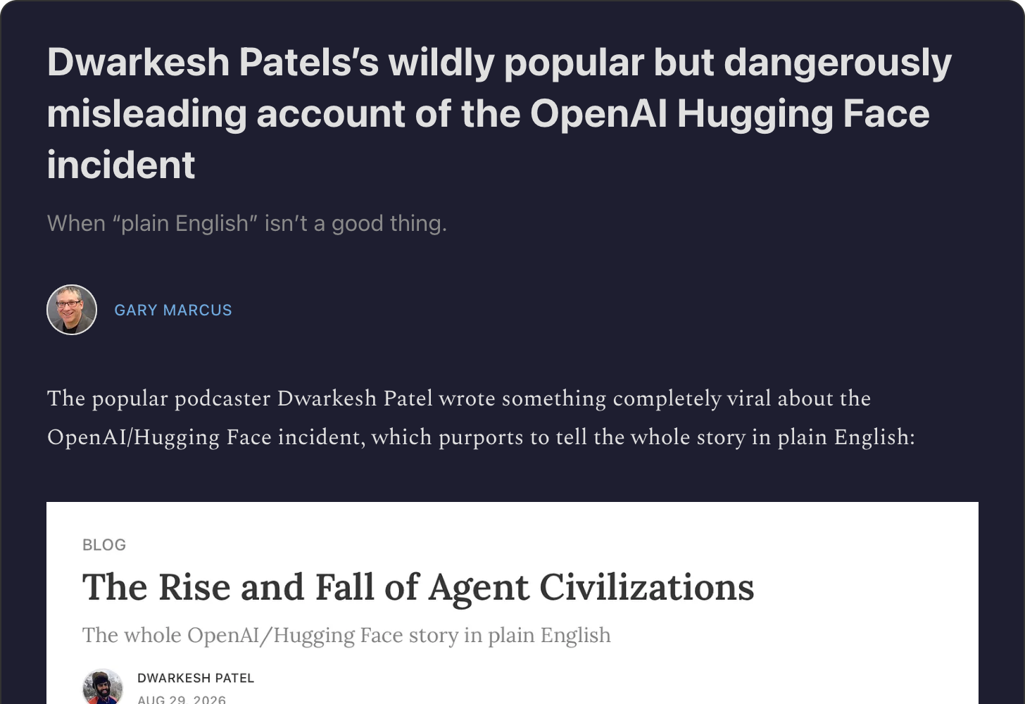 Gary Marcus on Substack — Dwarkesh Patel's Wildly Popular but Dangerously Misleading Account of the OpenAI Hugging Face Incident