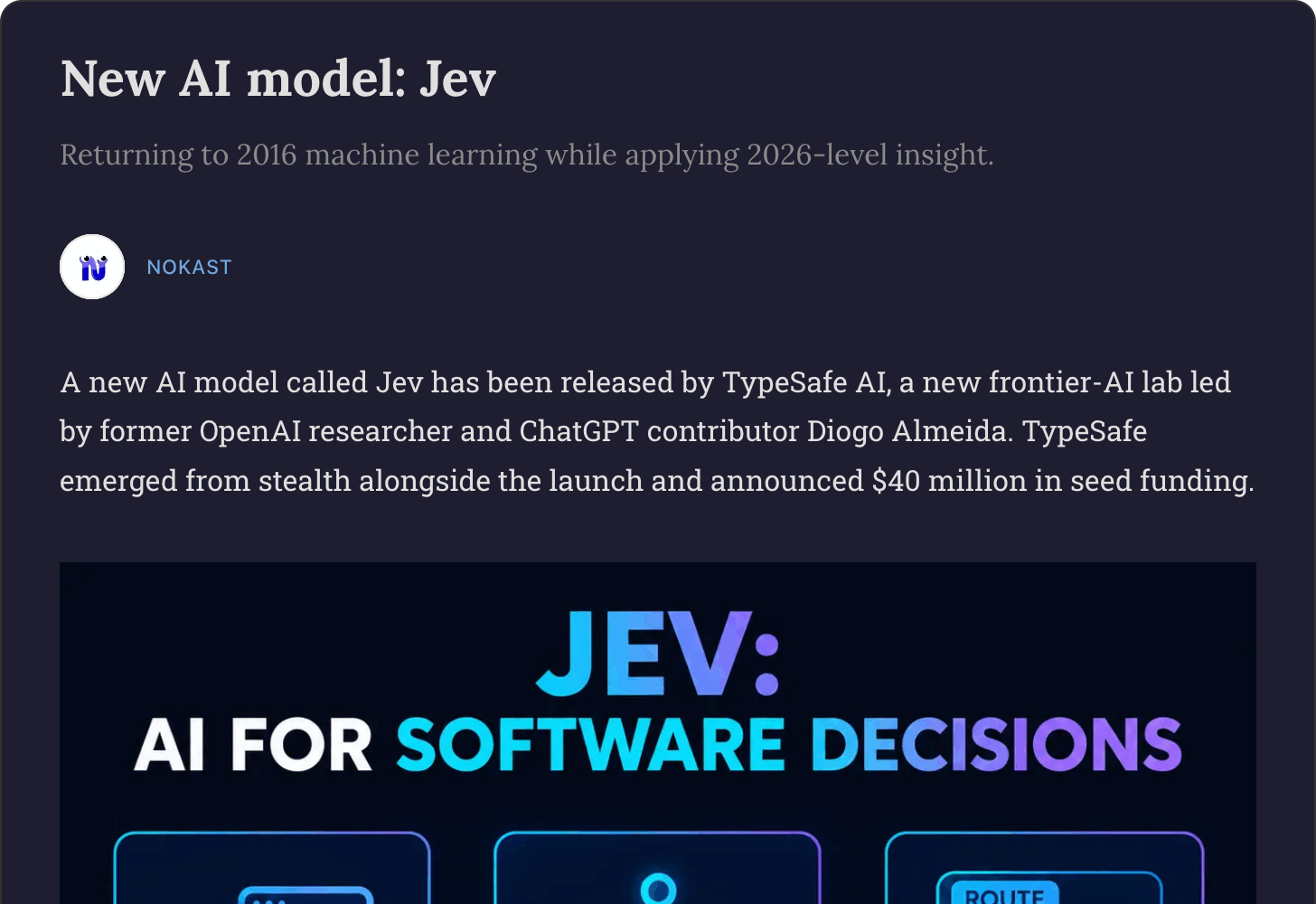 Nokast's Substack post New AI model: Jev, returning to 2016 machine learning with 2026-level insight