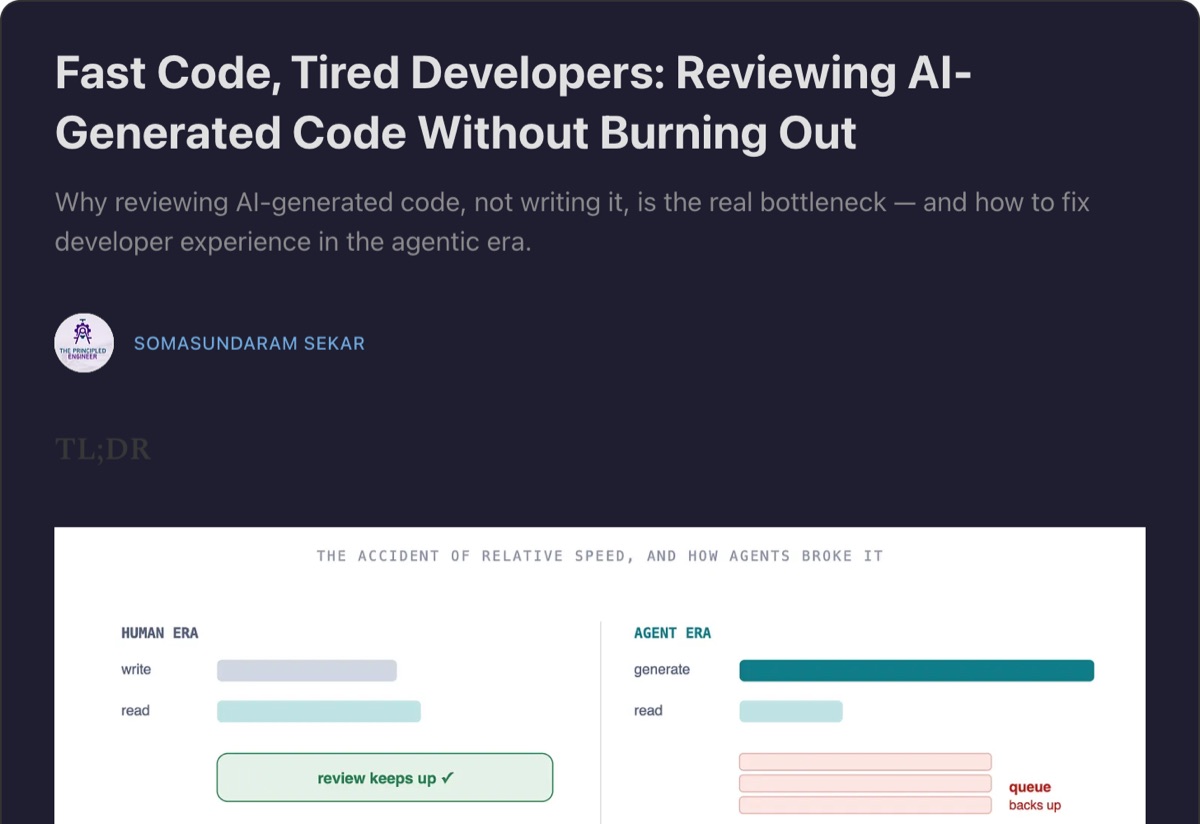 Fast Code, Tired Developers — Substack article by Somasundaram Sekar on reviewing AI-generated code without burning out