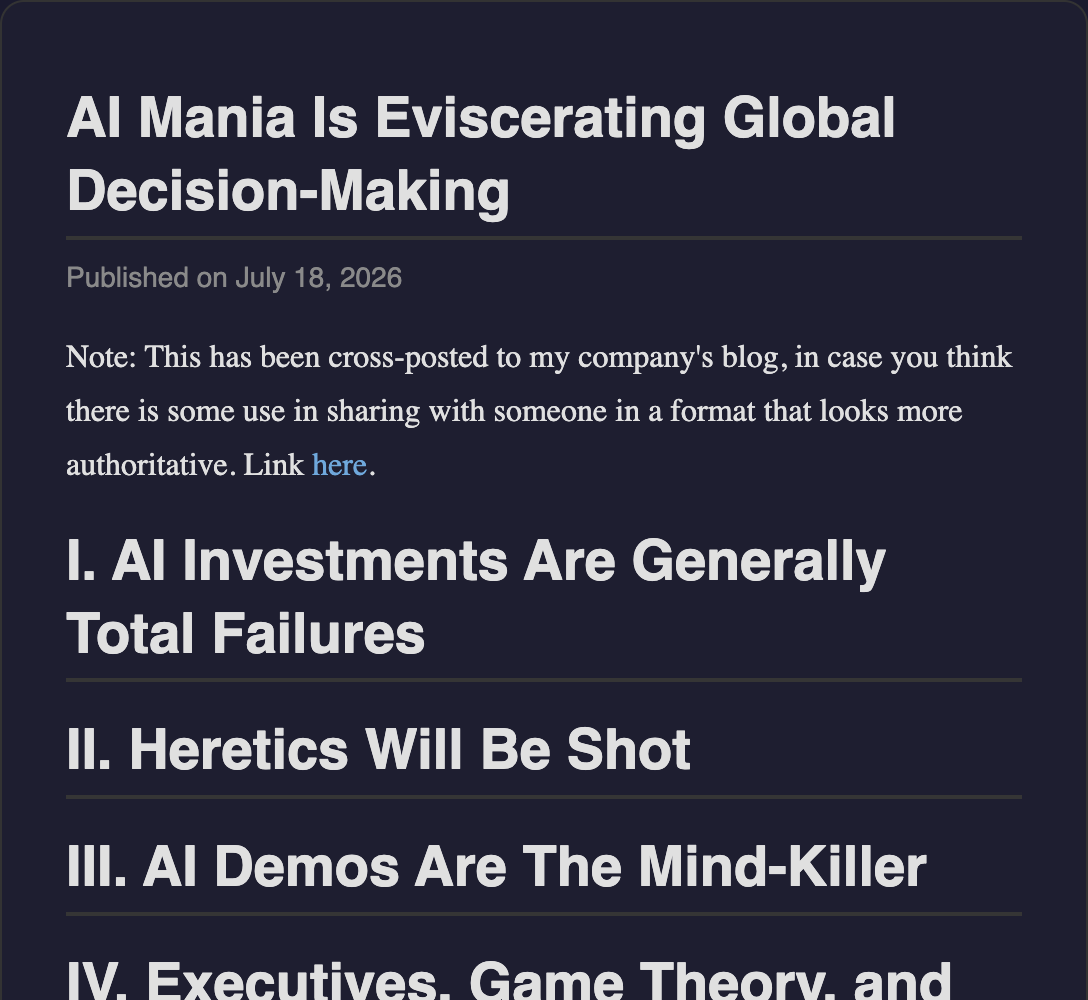 Nik Suresh Ludicity blog — AI Mania Is Eviscerating Global Decision-Making, detailing organizational failures in enterprise AI adoption