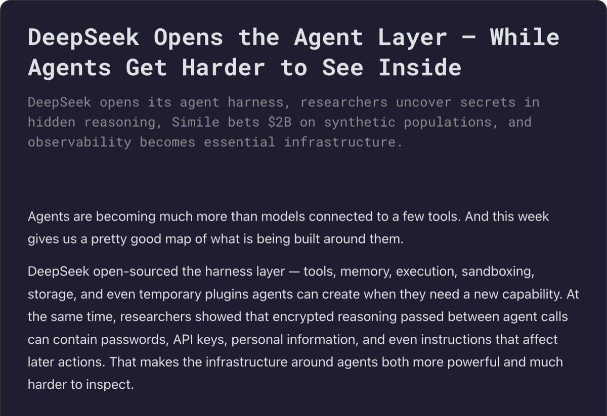 Turing Post article: DeepSeek Opens the Agent Layer — While Agents Get Harder to See Inside