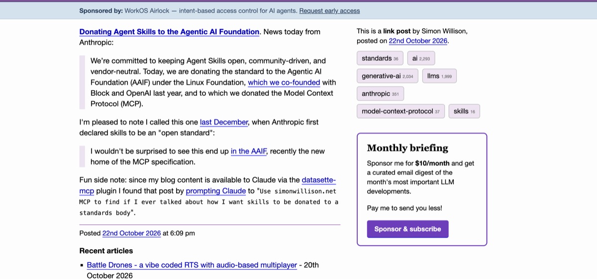 Simon Willison's blog post on the Agent Skills donation — noting he predicted this move in December 2025 when Anthropic first called skills an open standard