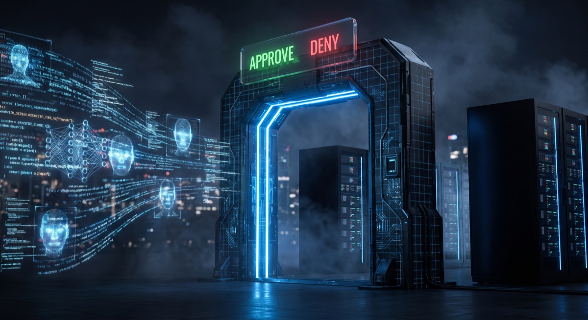 A futuristic digital checkpoint gate glowing with blue light, standing between an AI agent data stream and a protected server — representing transaction-boundary autonomy in agentic systems