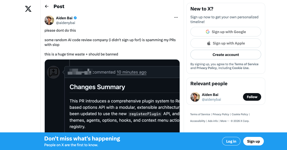 Aiden Bai on X — unsolicited AI code review company spamming open-source PRs with slop