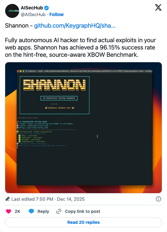 @AISecHub: Shannon has achieved a 96.15% success rate on the hint-free source-aware XBOW Benchmark