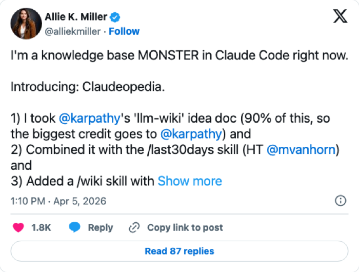 Allie K. Miller on X: Claudeopedia combining Karpathy's llm-wiki with last30days skill