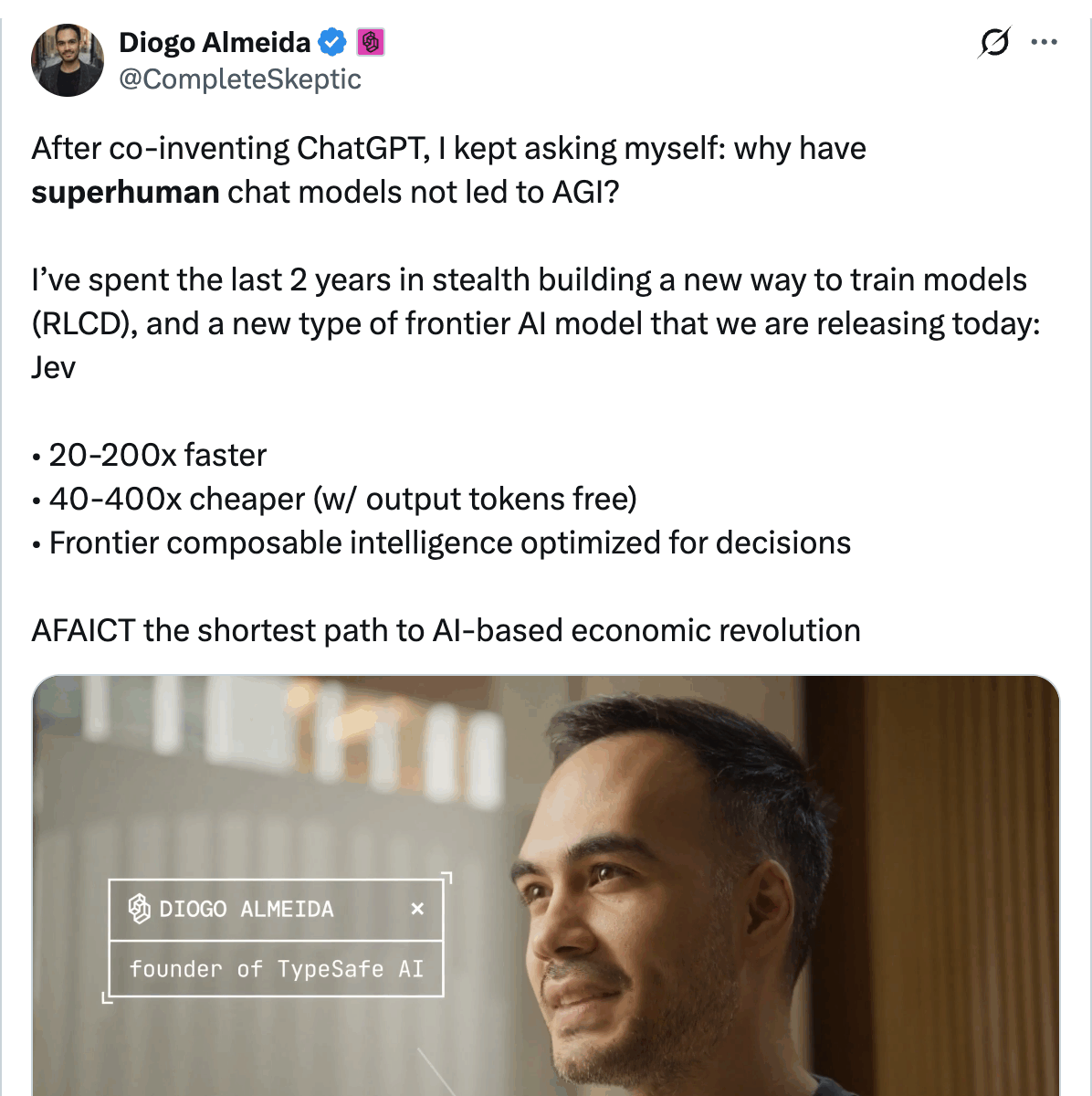 Diogo Almeida (@CompleteSkeptic) launch tweet for Jev: 20-200x faster, 40-400x cheaper with output tokens free, trained with a new method called RLCD