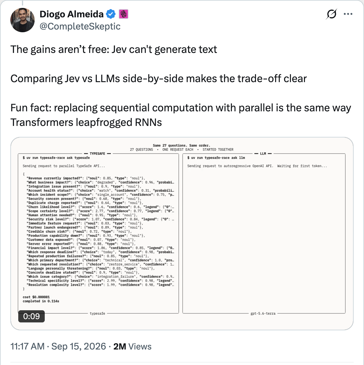 Diogo Almeida: the gains aren't free, Jev can't generate text; a side-by-side demo shows Jev answering 27 typed questions in 0.114s while an LLM is still waiting for its first token