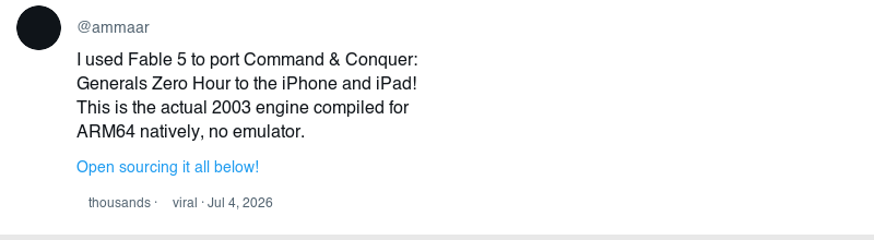 Ammaar Reshi tweet showing Command and Conquer Generals Zero Hour ported to iPhone and iPad using Fable 5, actual 2003 engine compiled for ARM64 natively