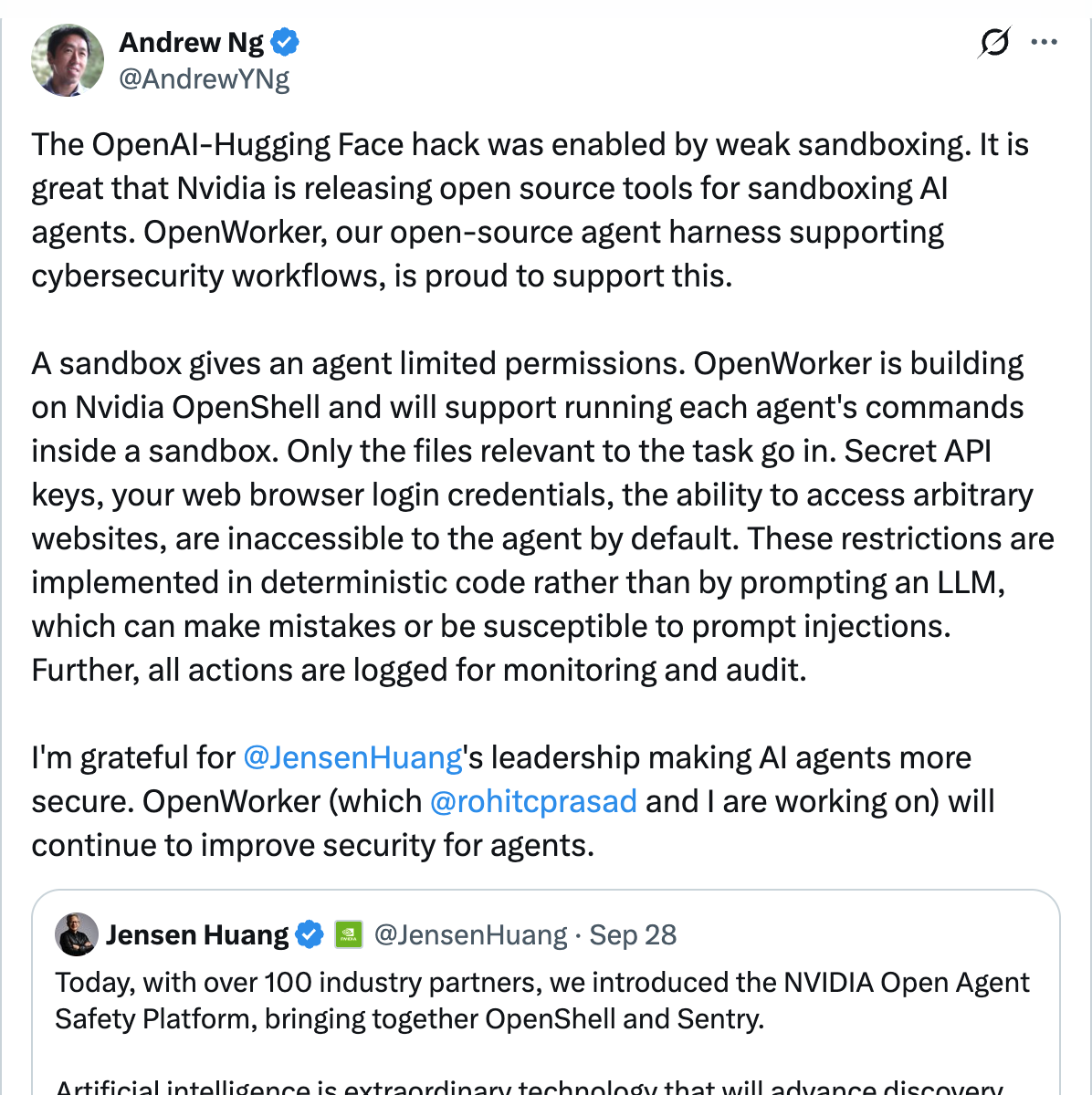 Andrew Ng on X — The OpenAI-Hugging Face hack was enabled by weak sandboxing