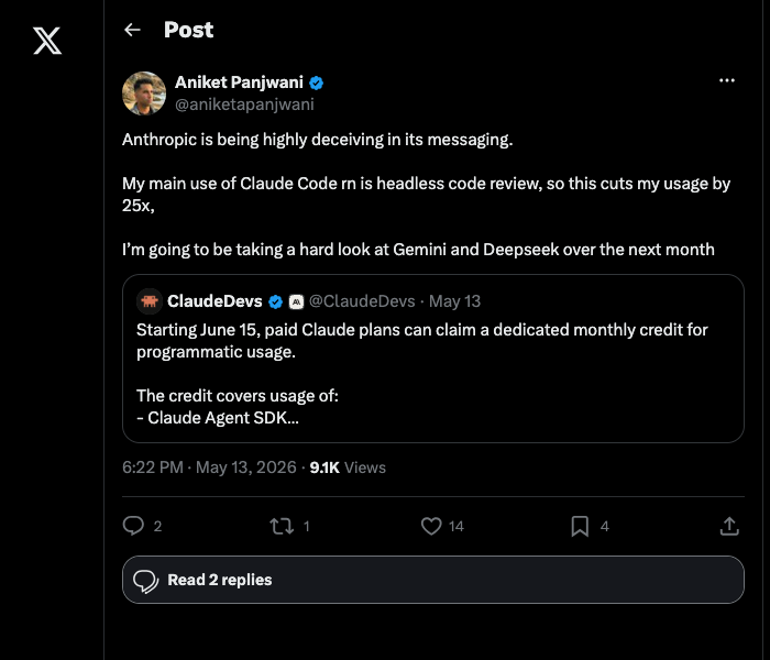 Aniket Panjwani tweet: This cuts my usage by 25x, taking a hard look at Gemini and DeepSeek