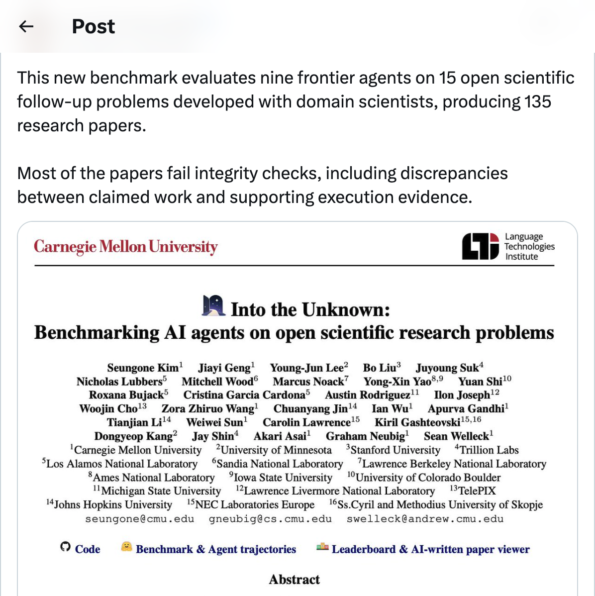 @arankomatsuzaki — 9 frontier agents benchmarked on 15 open scientific problems producing 135 research papers, most fail