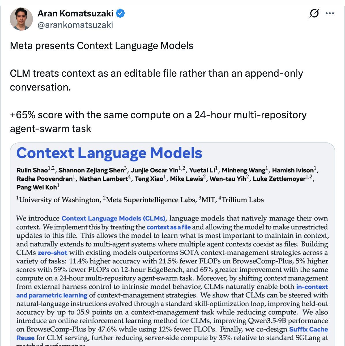 Aran Komatsuzaki on X — Meta presents Context Language Models: CLM treats context as an editable file rather than an append-only conversation