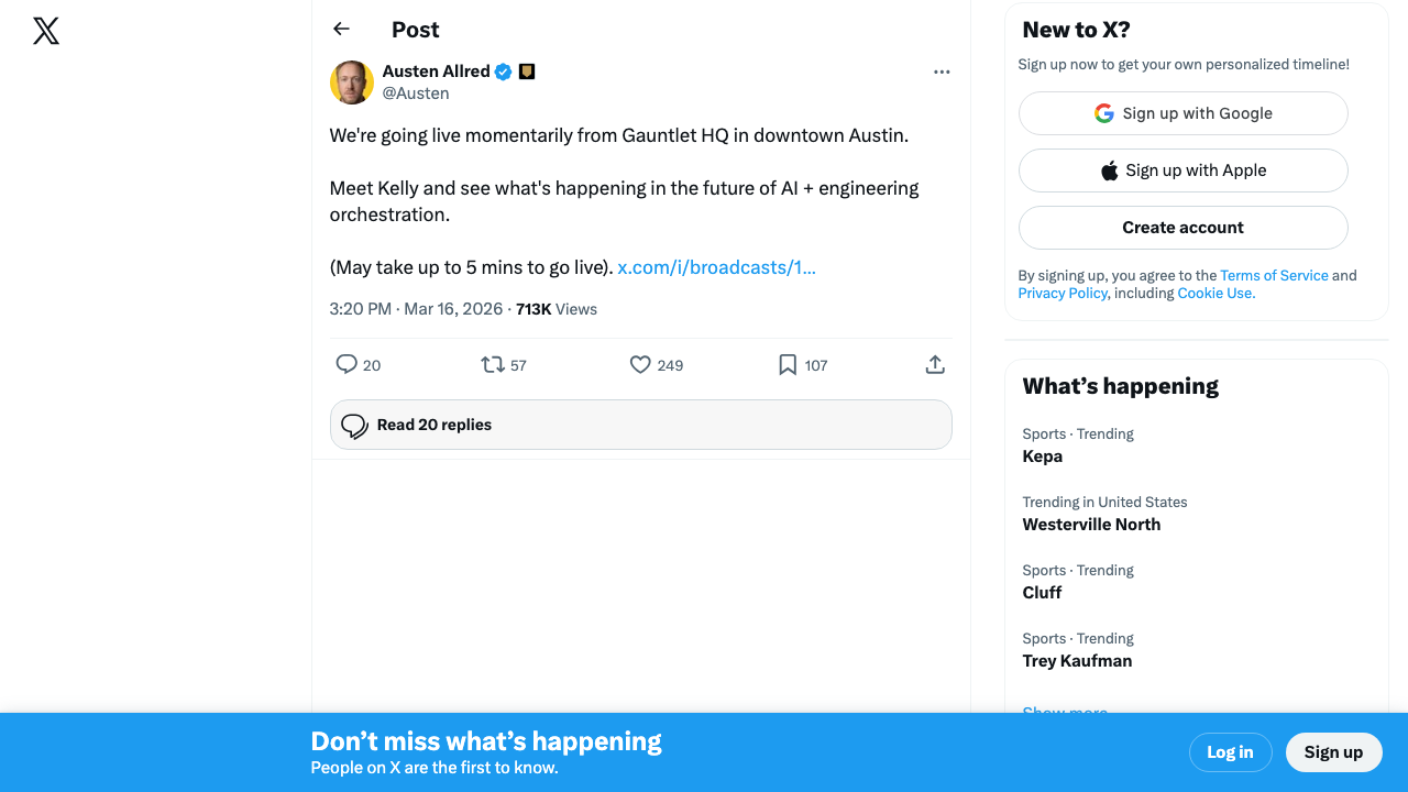 Austen Allred (@Austen) going live from Gauntlet HQ demoing Kelly AI and "the future of AI orchestration → autonomous computing" — 198 likes, 632K views