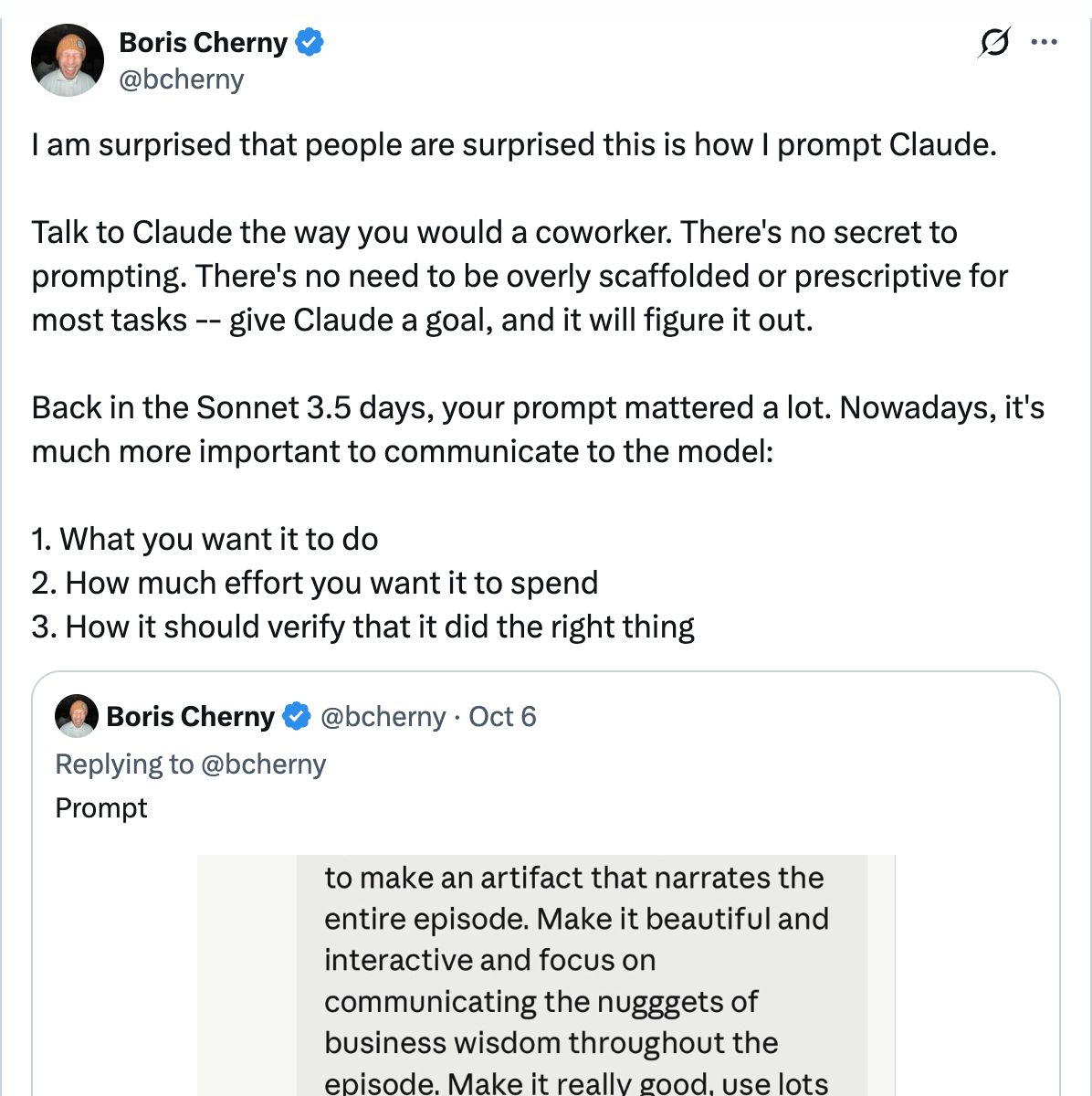 @bcherny tweet — Talk to Claude the way you would a coworker, give Claude a goal, with 13k likes
