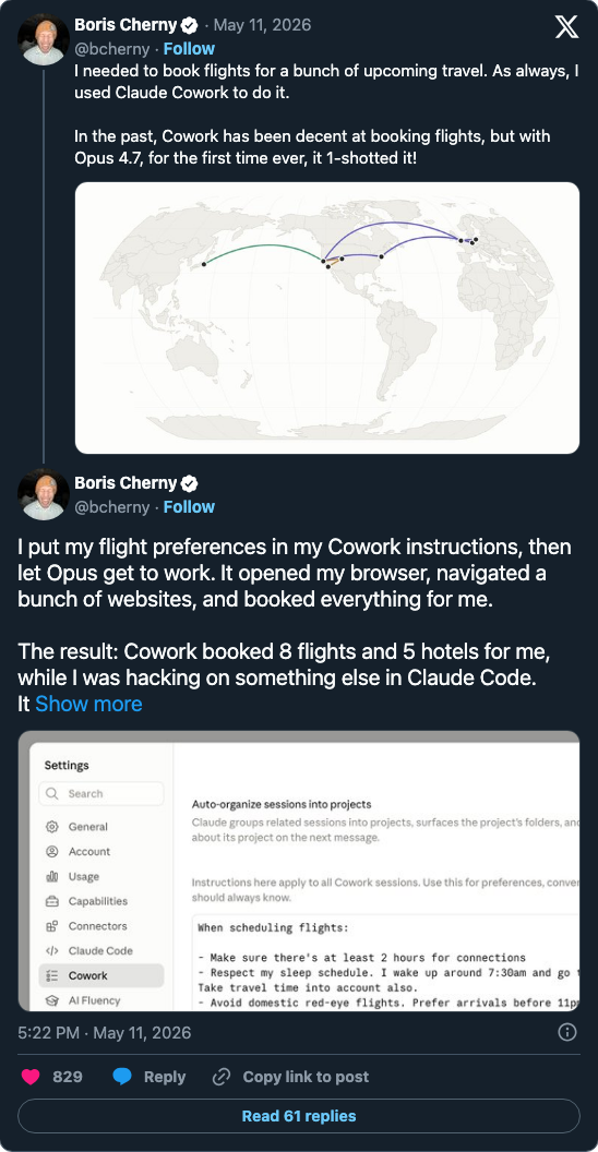 Boris Cherny follow-up tweet — Cowork booked 8 flights and 5 hotels end-to-end, opened browser, navigated websites, while user worked on something else in Claude Code