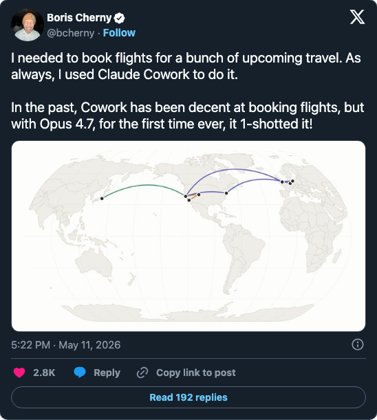 Boris Cherny — Cowork on Opus 4.7 1-shotted a flight booking, the first time the demo did not fall over mid-task