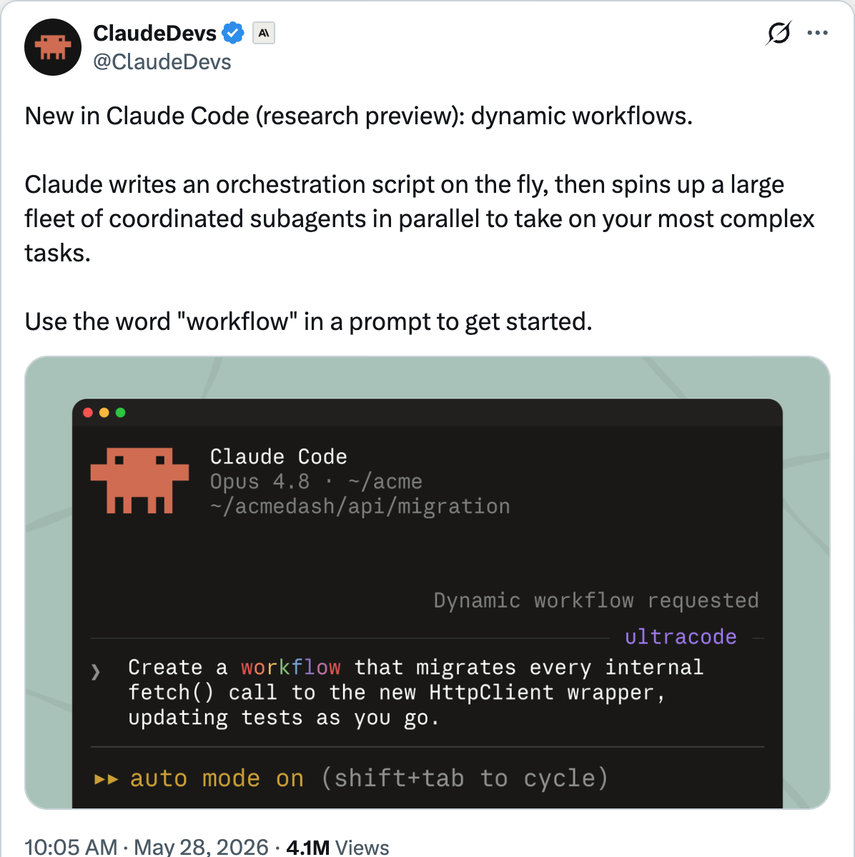 @bcherny announcing Claude Code dynamic workflows research preview — Claude writes an orchestration script on the fly, then spins up a large fleet of coordinated subagents
