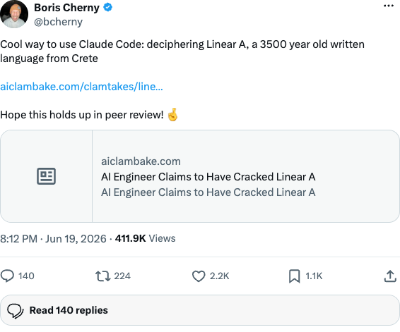 Boris Cherny on X: Cool way to use Claude Code — deciphering Linear A, a 3,500-year-old written language from Crete