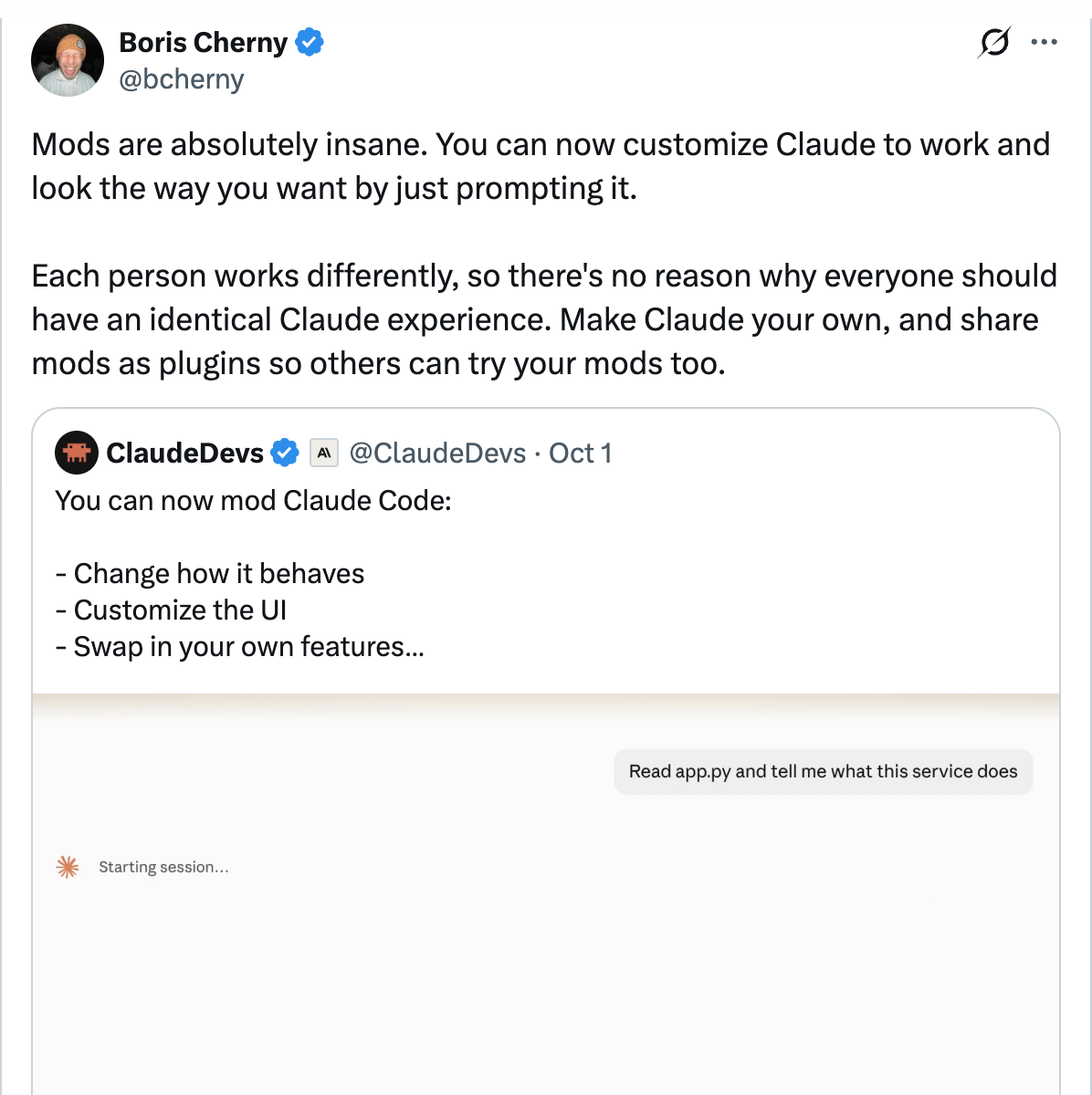 Boris Cherny (@bcherny) announcing Claude Code Mods launch — 833K views, 5.2K likes