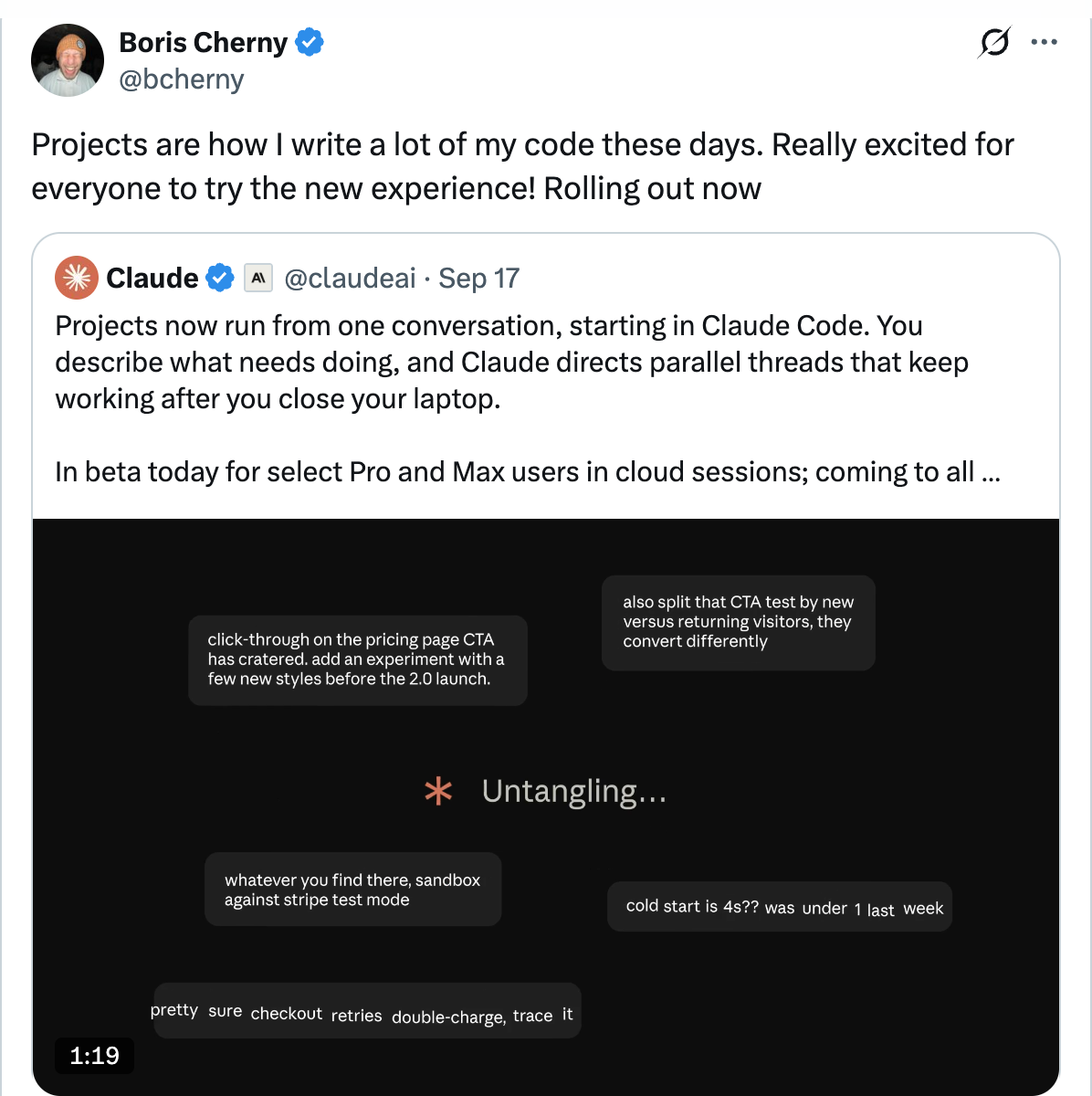Boris Cherny on X — Projects are how I write a lot of my code these days