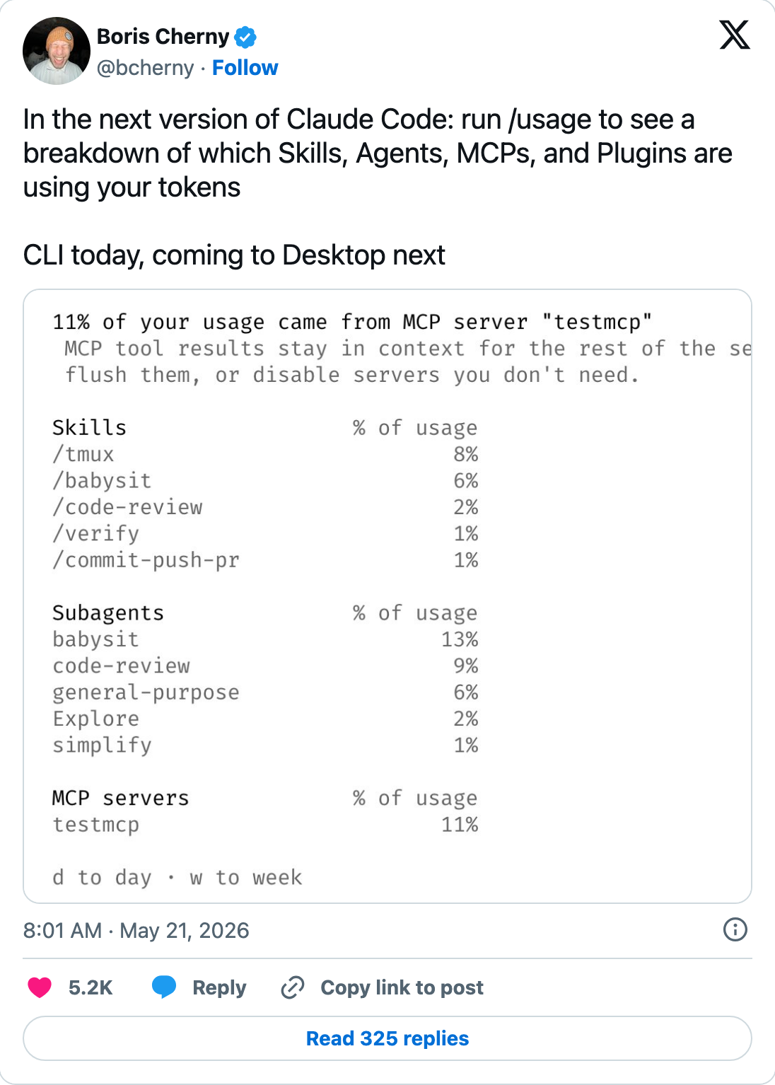 @bcherny announces /usage in Claude Code — per-Skill, per-Agent, per-MCP token spend breakdown
