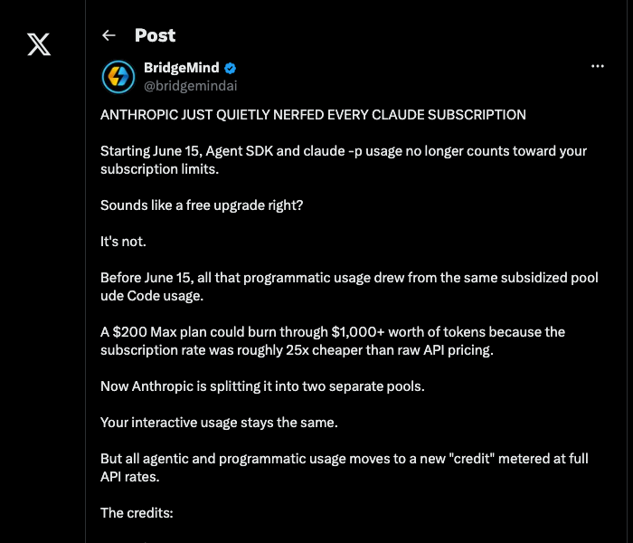 BridgeMind tweet: Anthropic just quietly nerfed every Claude subscription