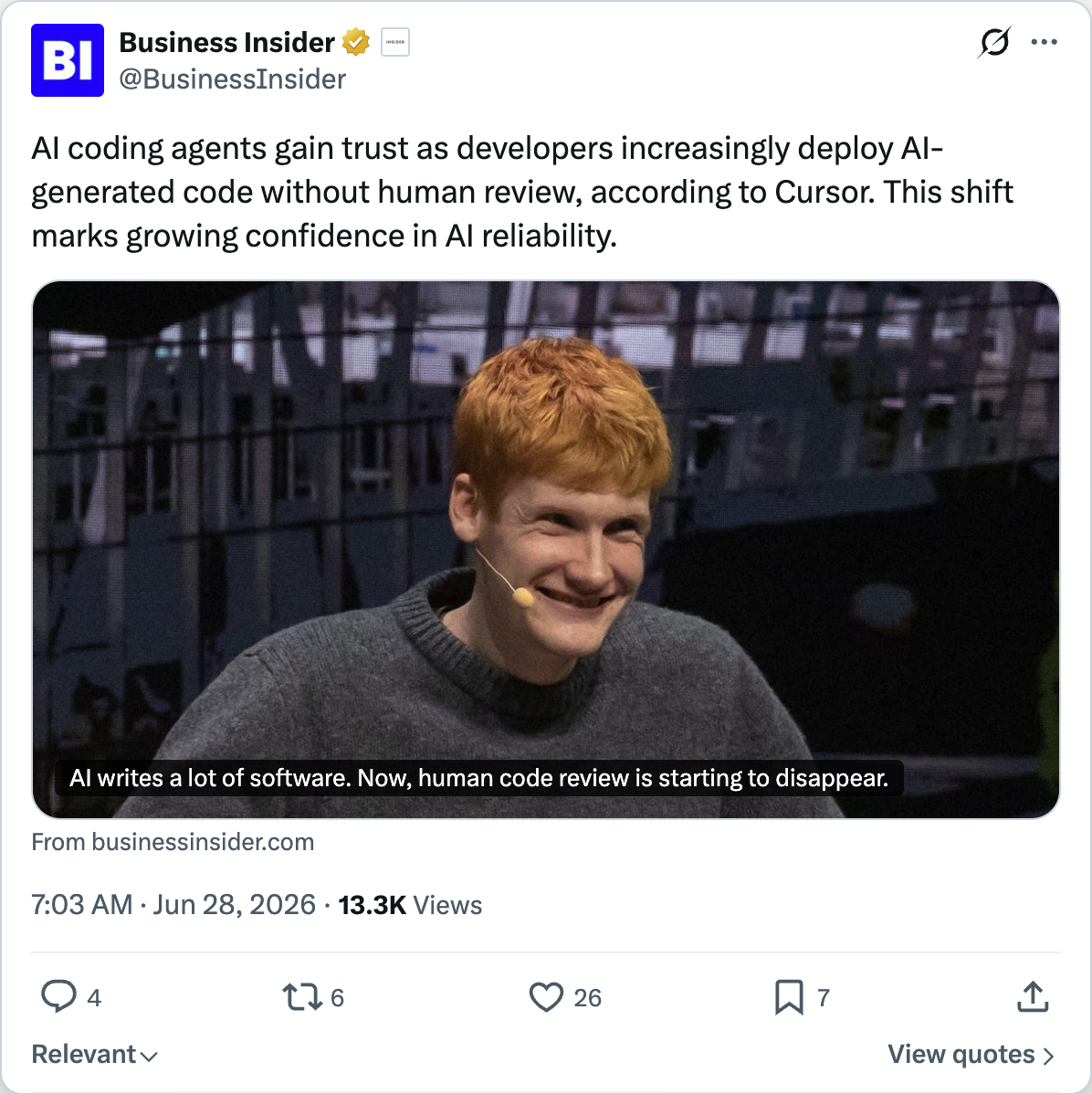 Business Insider on X — AI coding agents gain trust as developers increasingly deploy AI-generated code without human review