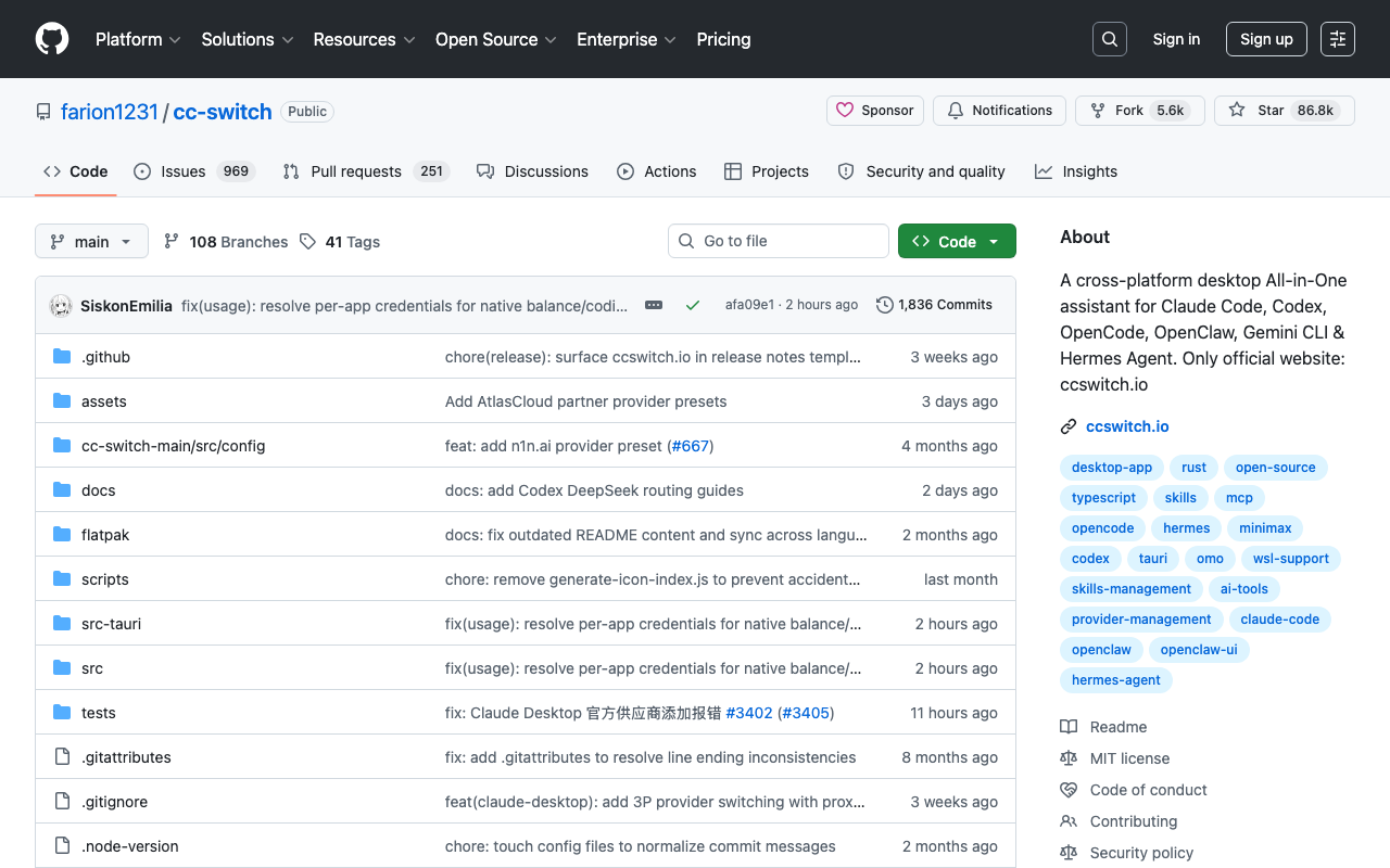 CC Switch GitHub repository — 86.8K stars, unified desktop app for managing Claude Code, Codex, Gemini CLI, OpenCode, and OpenClaw